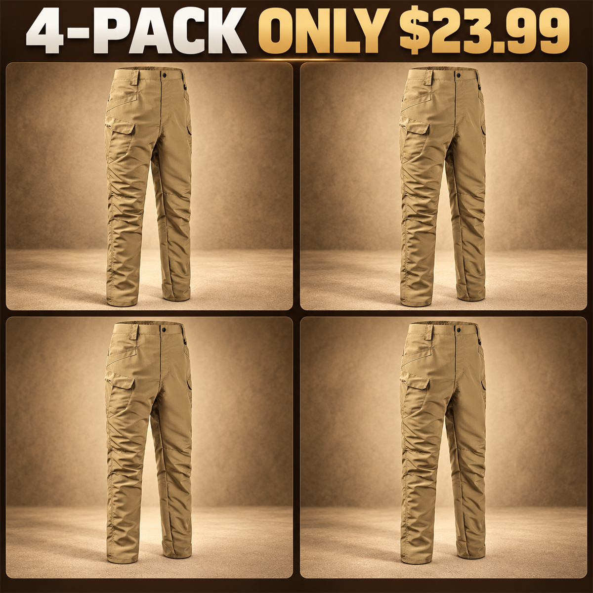 4-Pack - Khaki Men's Tactical Utility Cargo Pants Multipacks