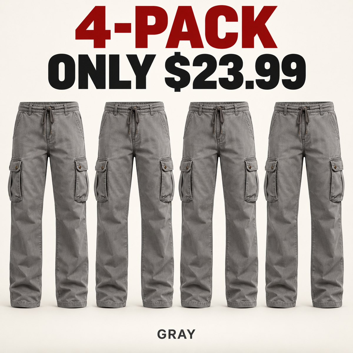 4-Pack - Gray Men's Vintage Utility Cargo Pants Multipacks