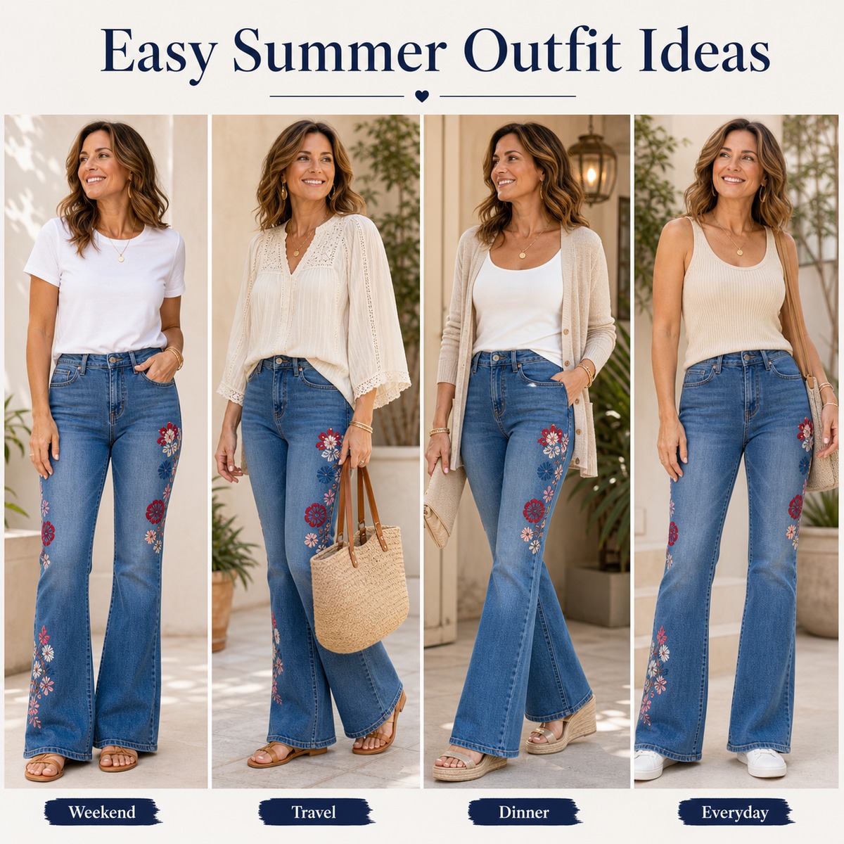 Summer outfit ideas for embroidered bootcut jeans