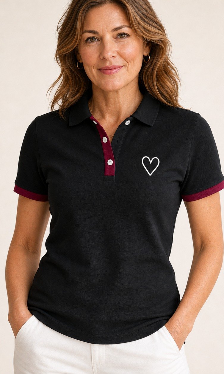 Customer wearing women's contrast trim heart polo
