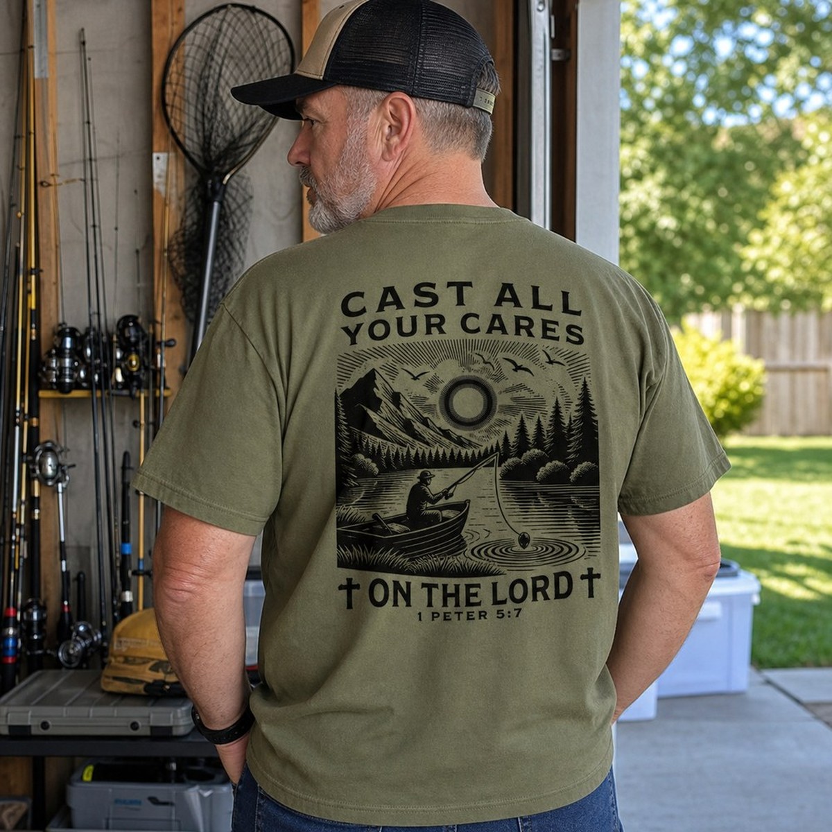 Customer wearing olive Cast All Your Cares fishing tee