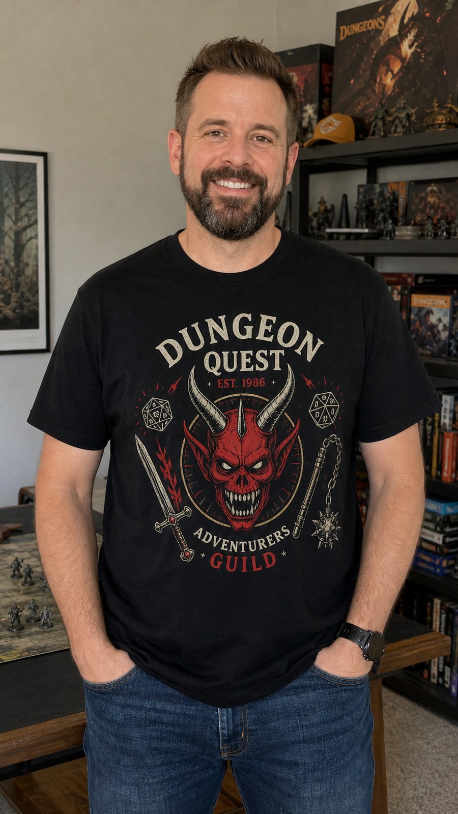 Customer wearing black Dungeon Quest graphic tee