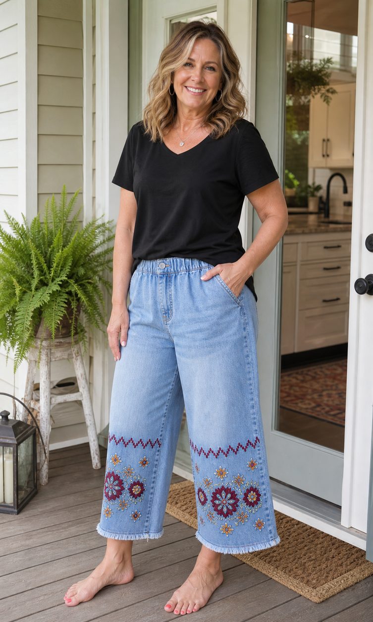 Customer wearing embroidered denim capri pants