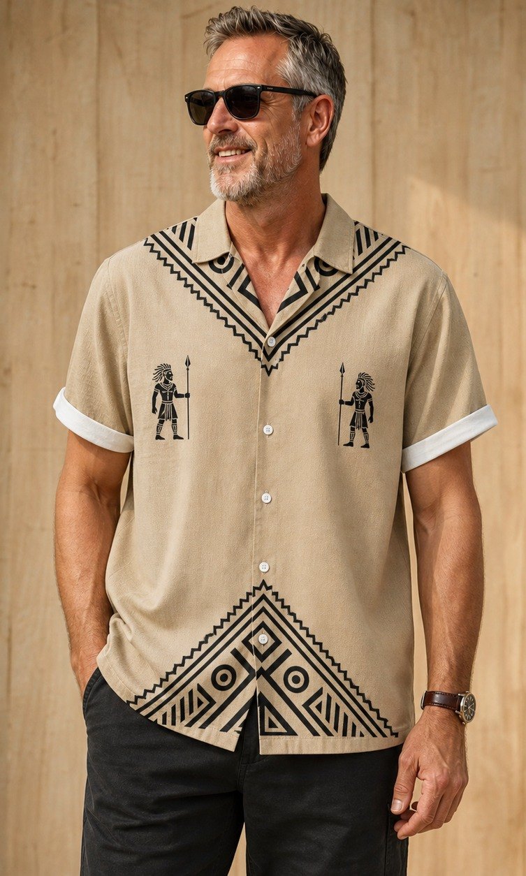 Customer wearing men's tribal camp collar shirt