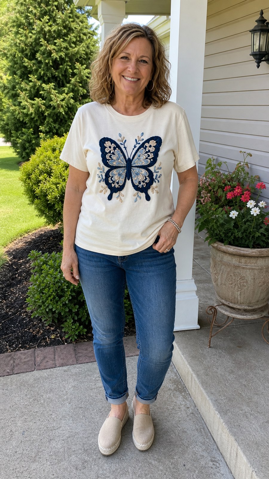 Customer wearing ivory crochet butterfly graphic tee