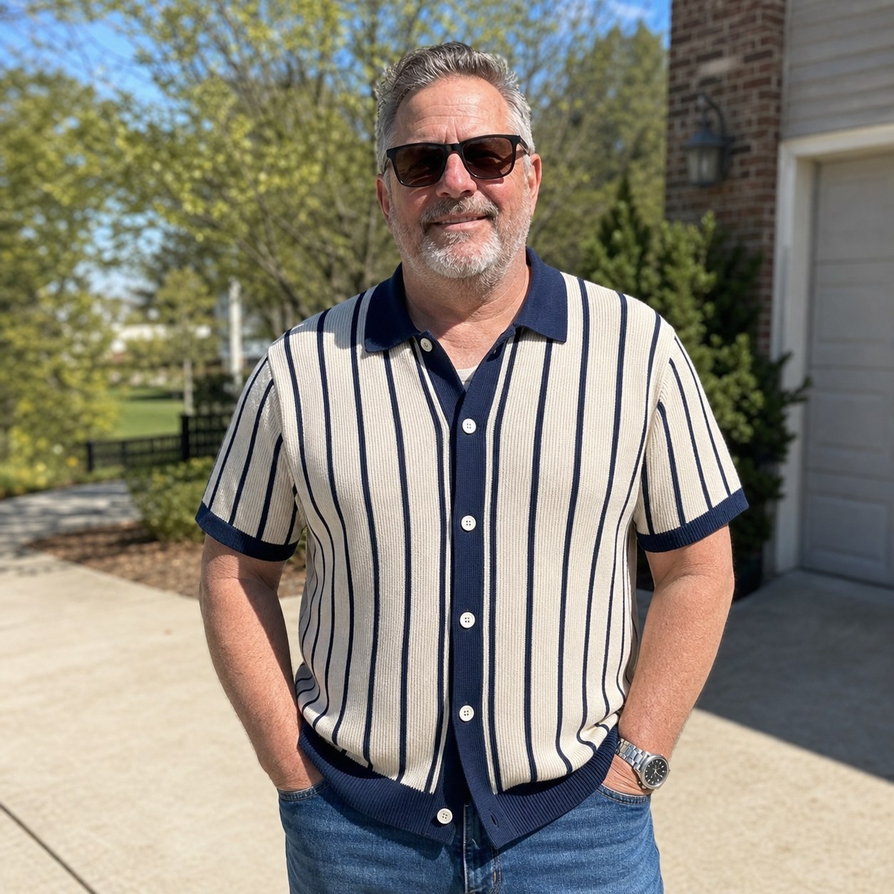 Customer wearing cream navy striped knit polo cardigan