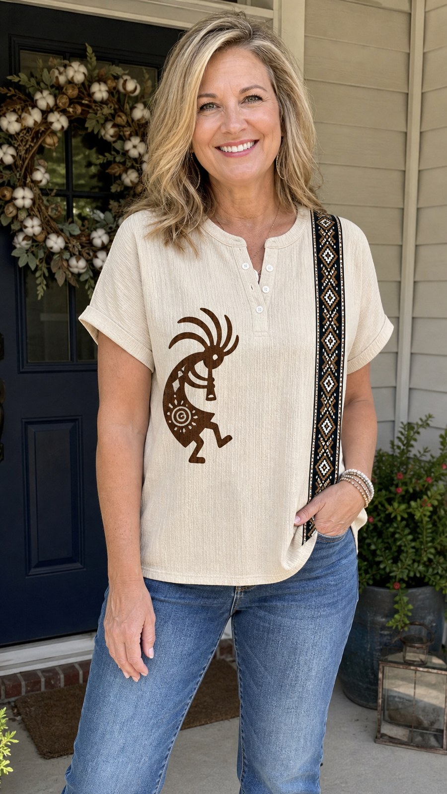 Customer wearing cream Southwest Kokopelli henley top