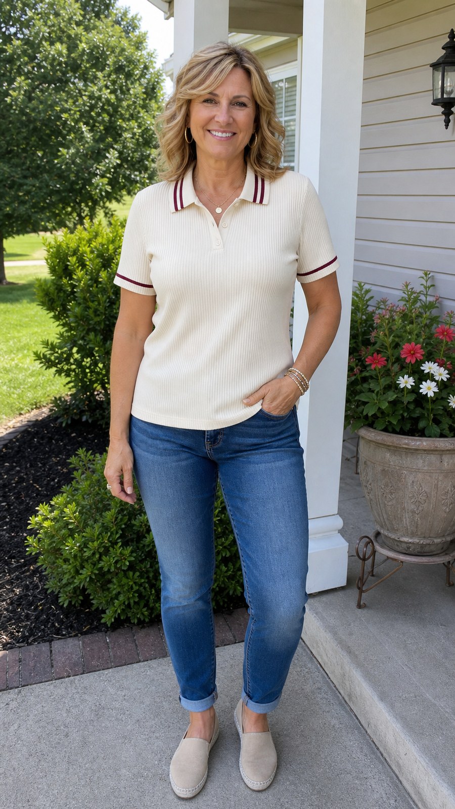 Customer wearing ivory ribbed contrast collar polo tee