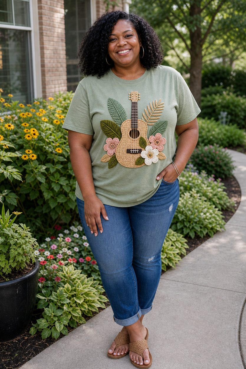 Customer wearing sage green tee
