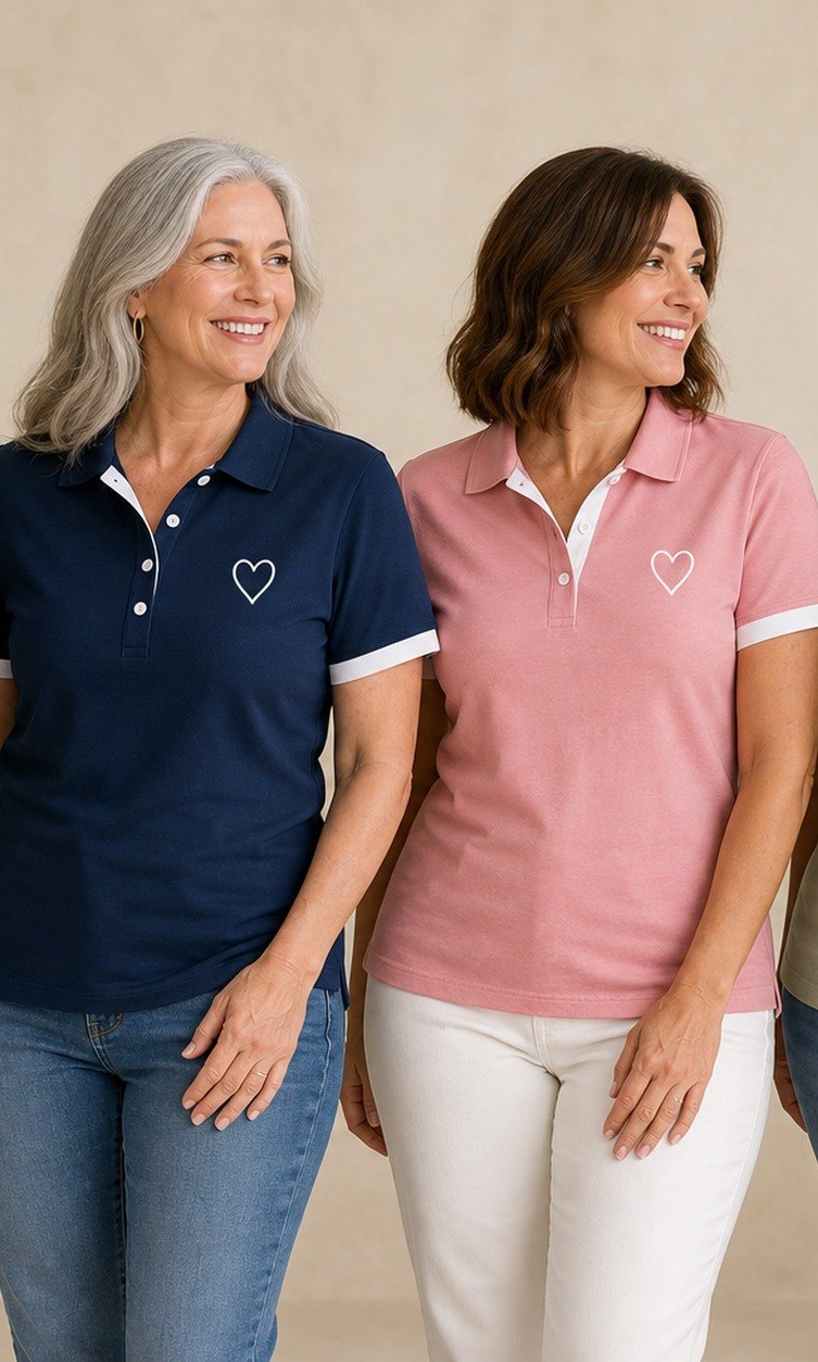 Customers styling women's contrast trim heart polo shirts