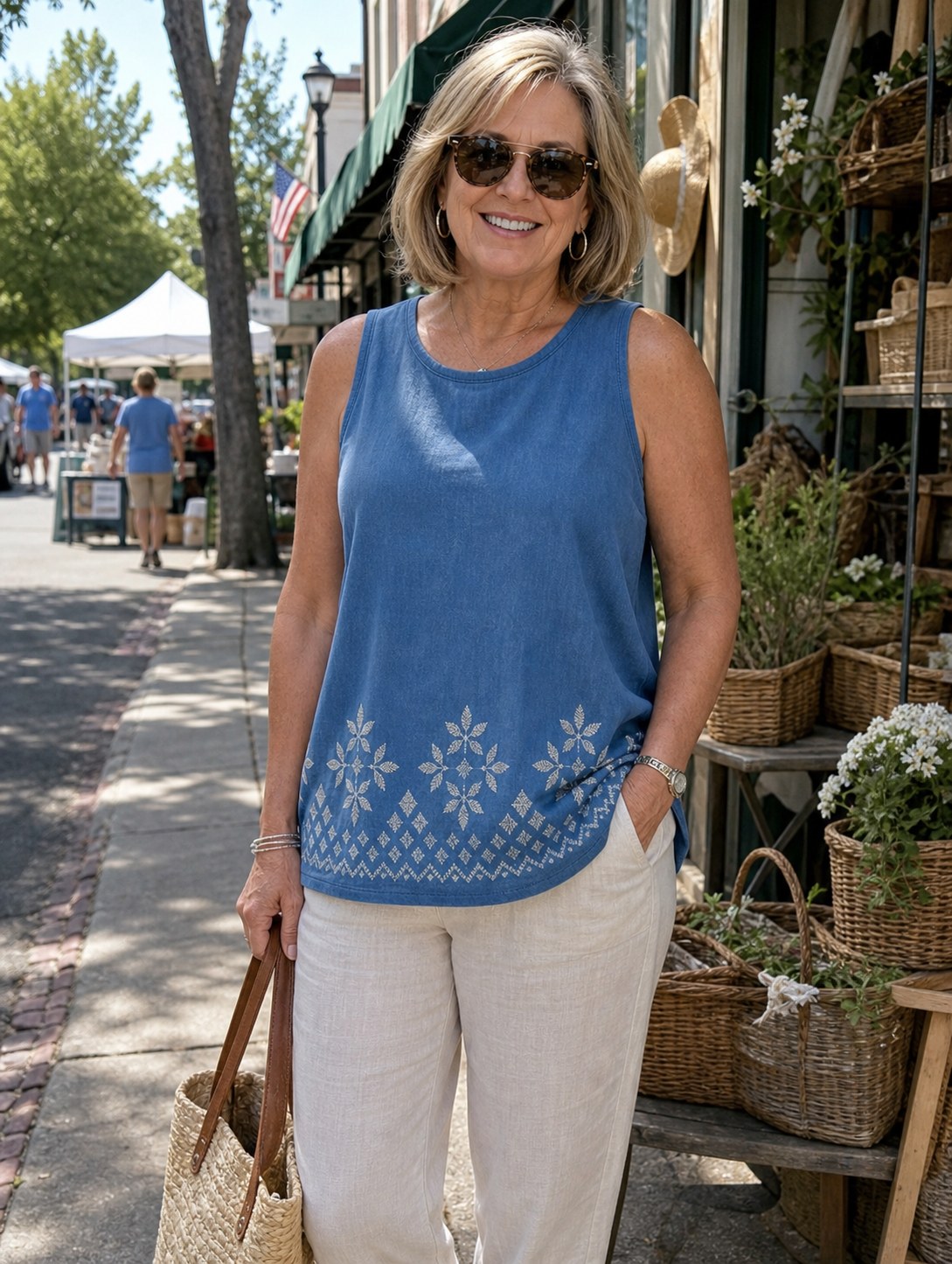 Customer wearing denim blue embroidered border sleeveless tank top