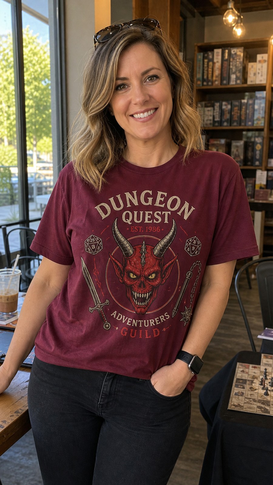 Customer wearing burgundy Dungeon Quest graphic tee