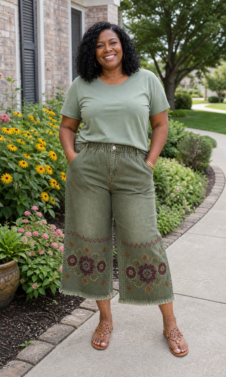 Customer styling embroidered denim capri pants