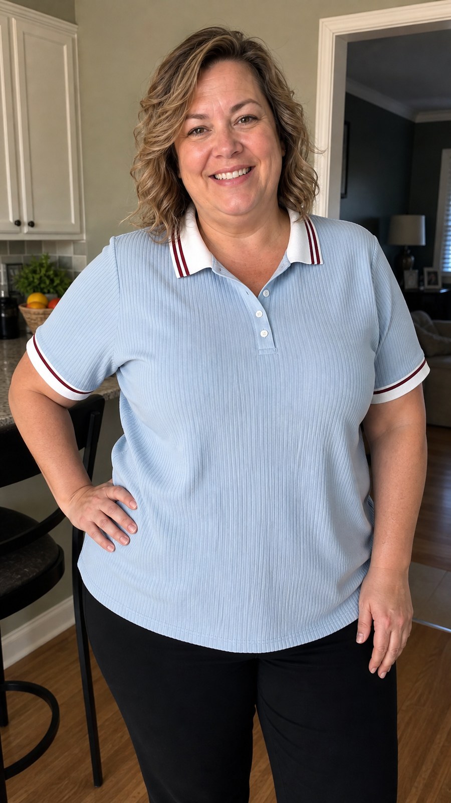 Customer wearing light blue ribbed contrast collar polo tee
