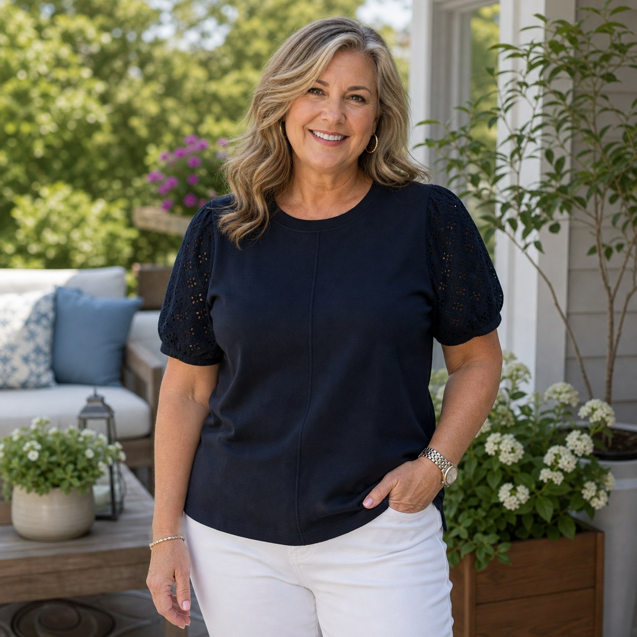 Customer wearing navy cotton eyelet sleeve tee