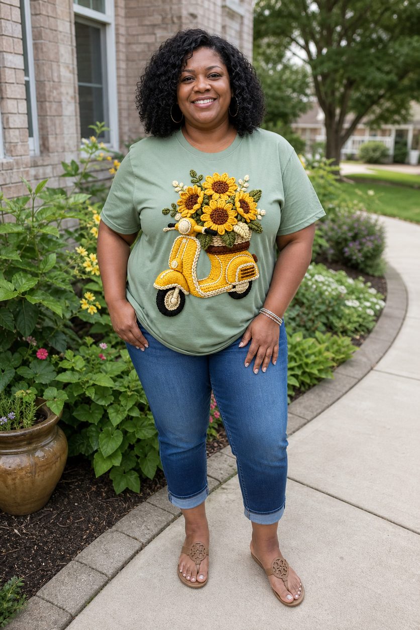 Customer wearing sage green tee