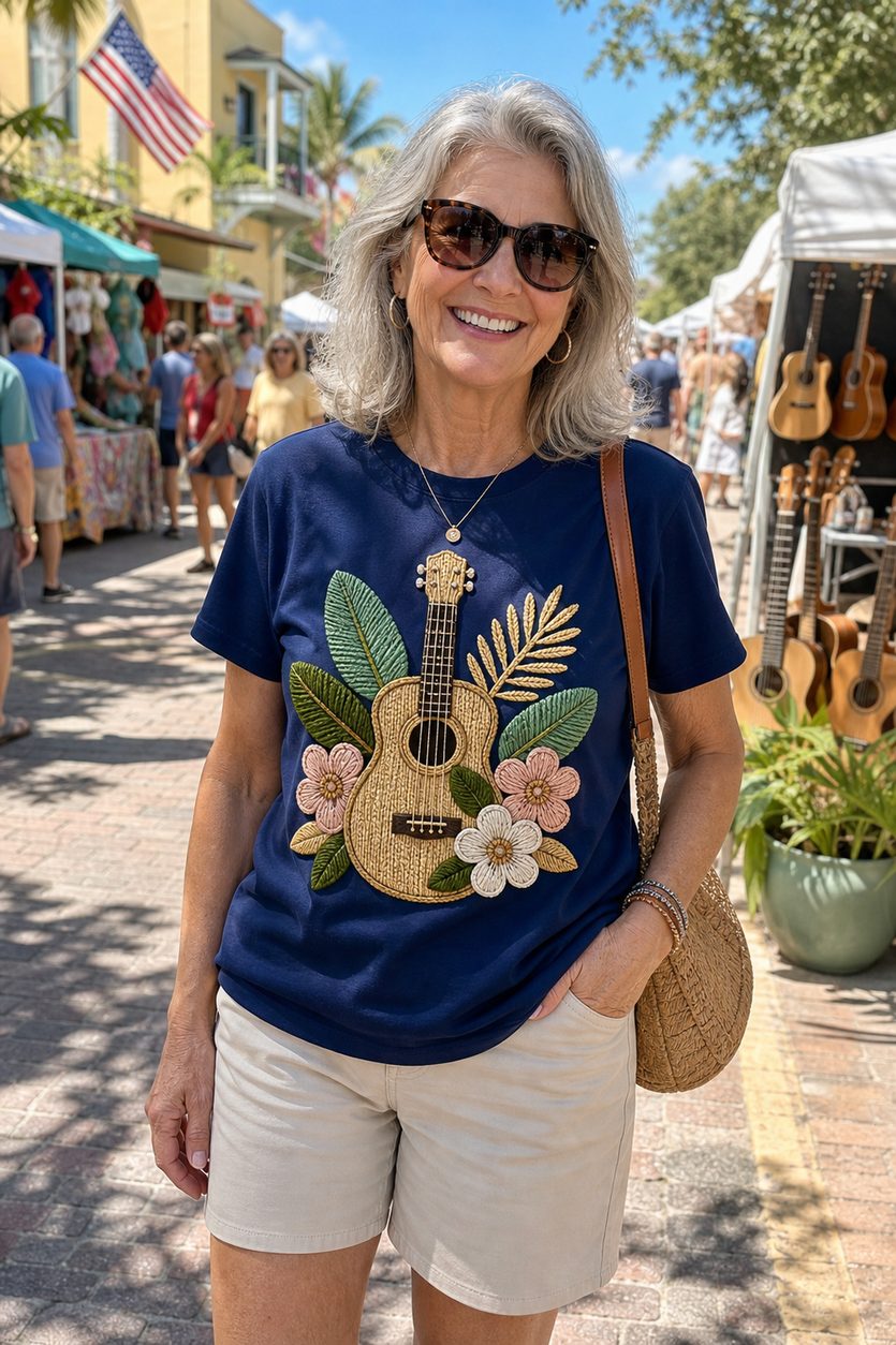 Customer wearing navy blue tee