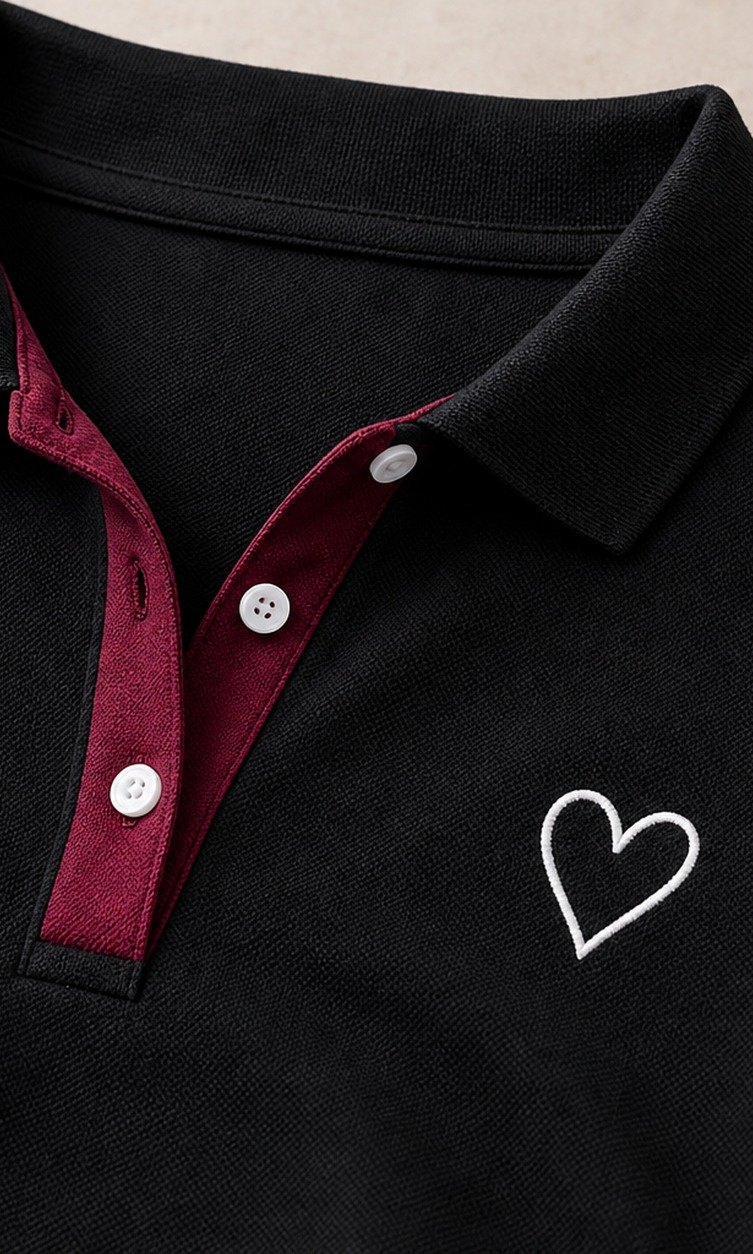 Detail customer photo of women's contrast trim heart polo
