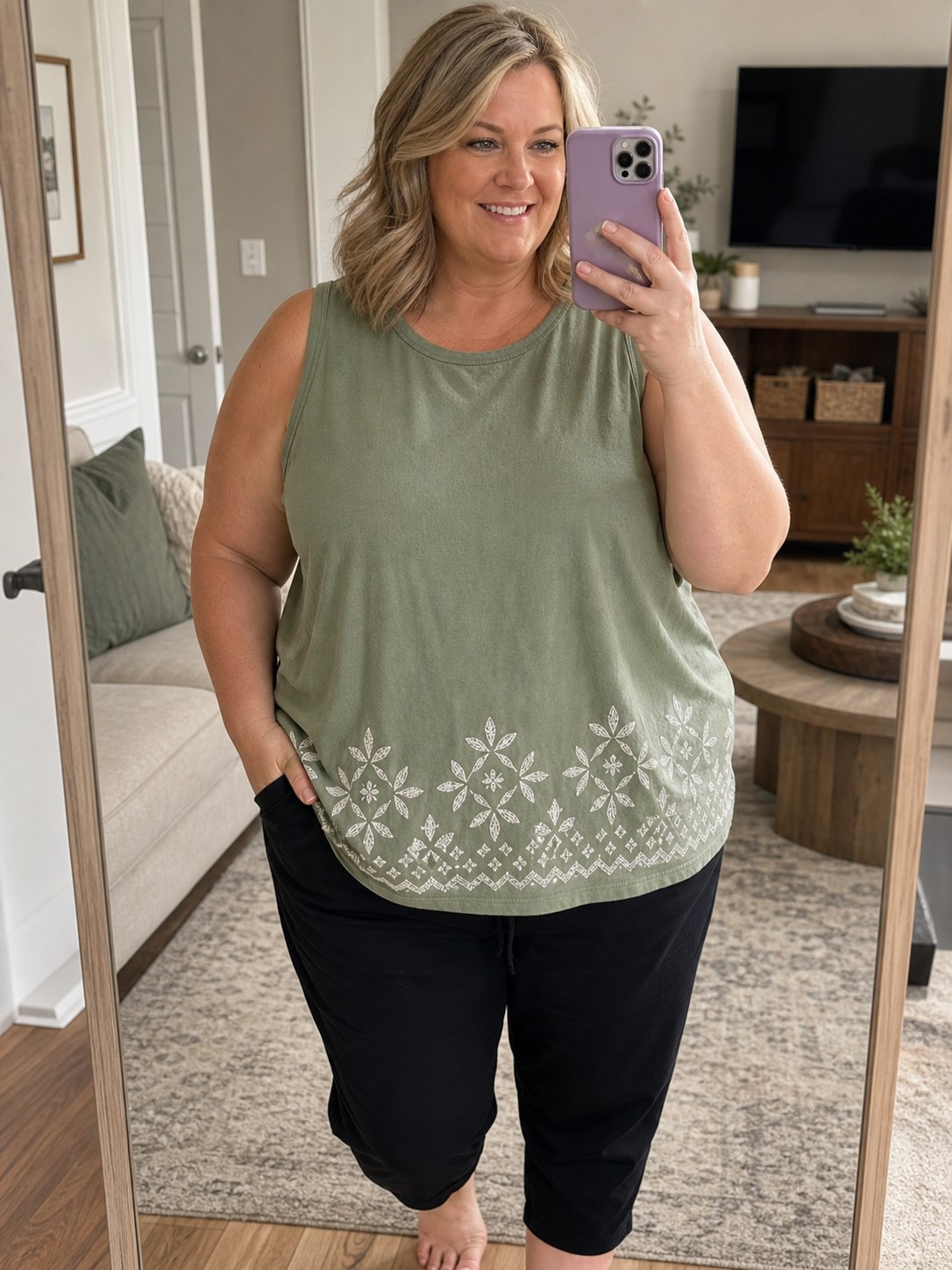 Plus-size customer wearing sage embroidered border sleeveless tank top