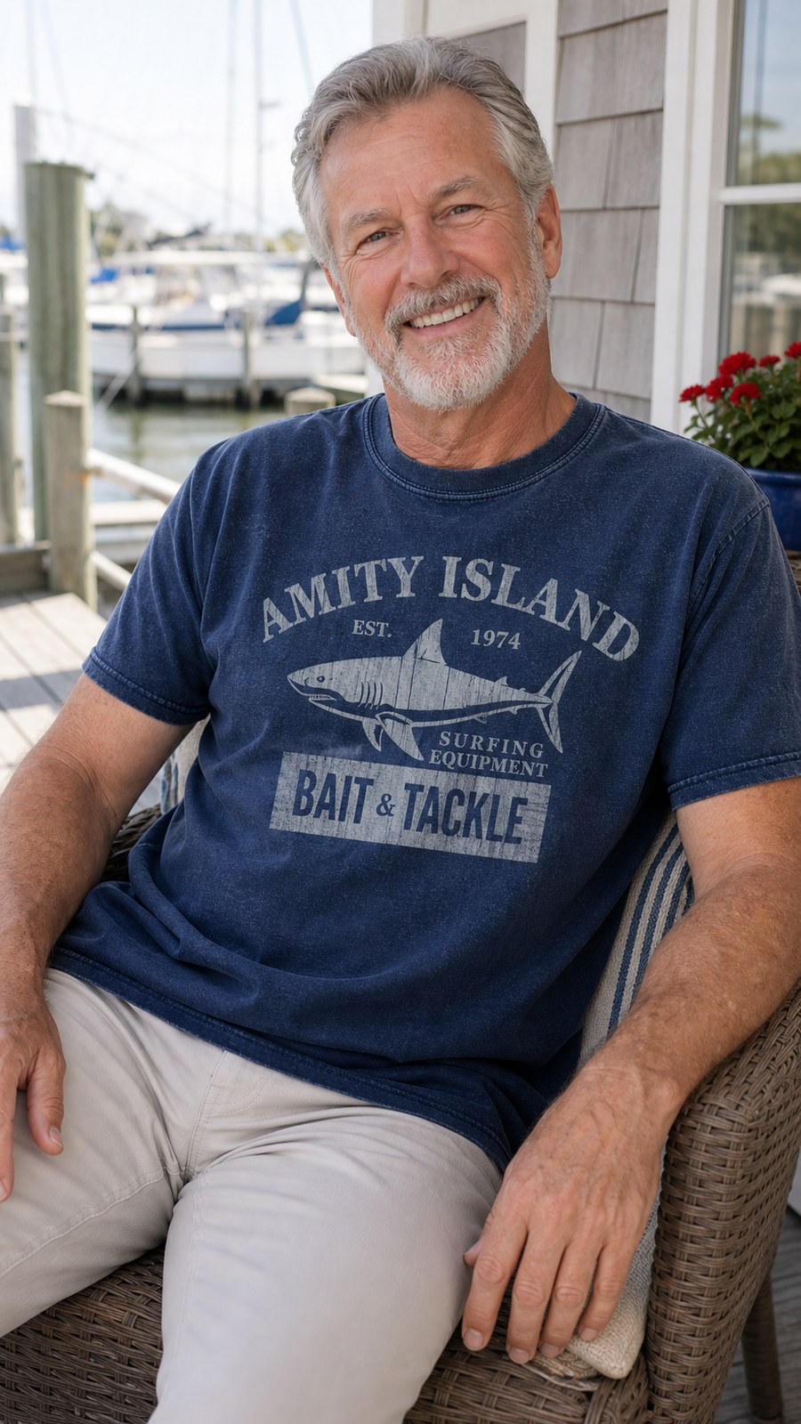 Customer wearing navy vintage shark graphic tee