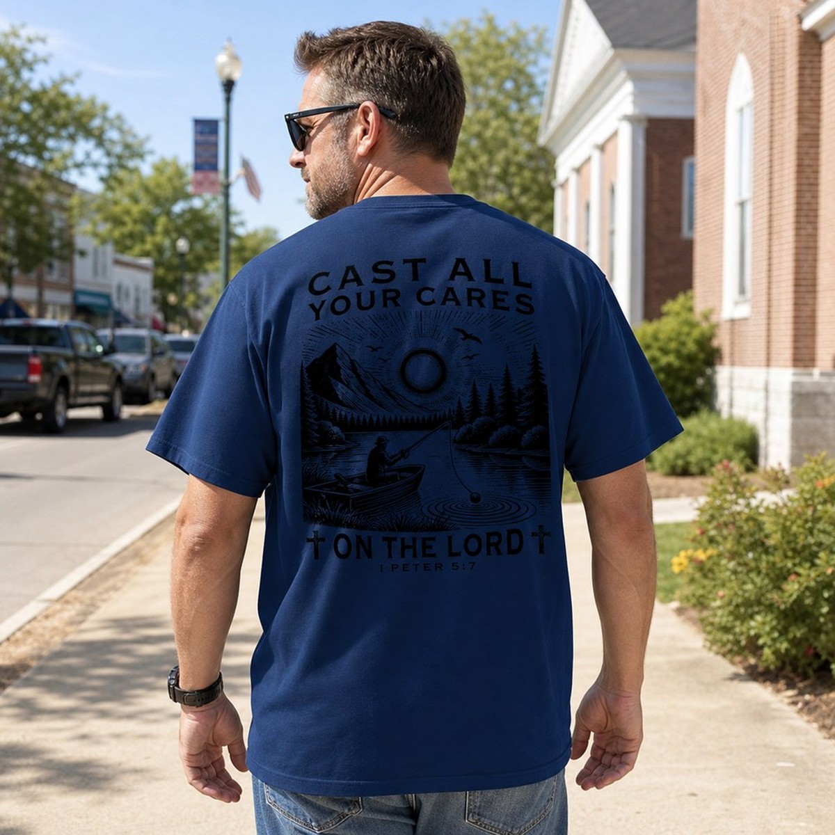 Customer wearing navy Cast All Your Cares fishing tee