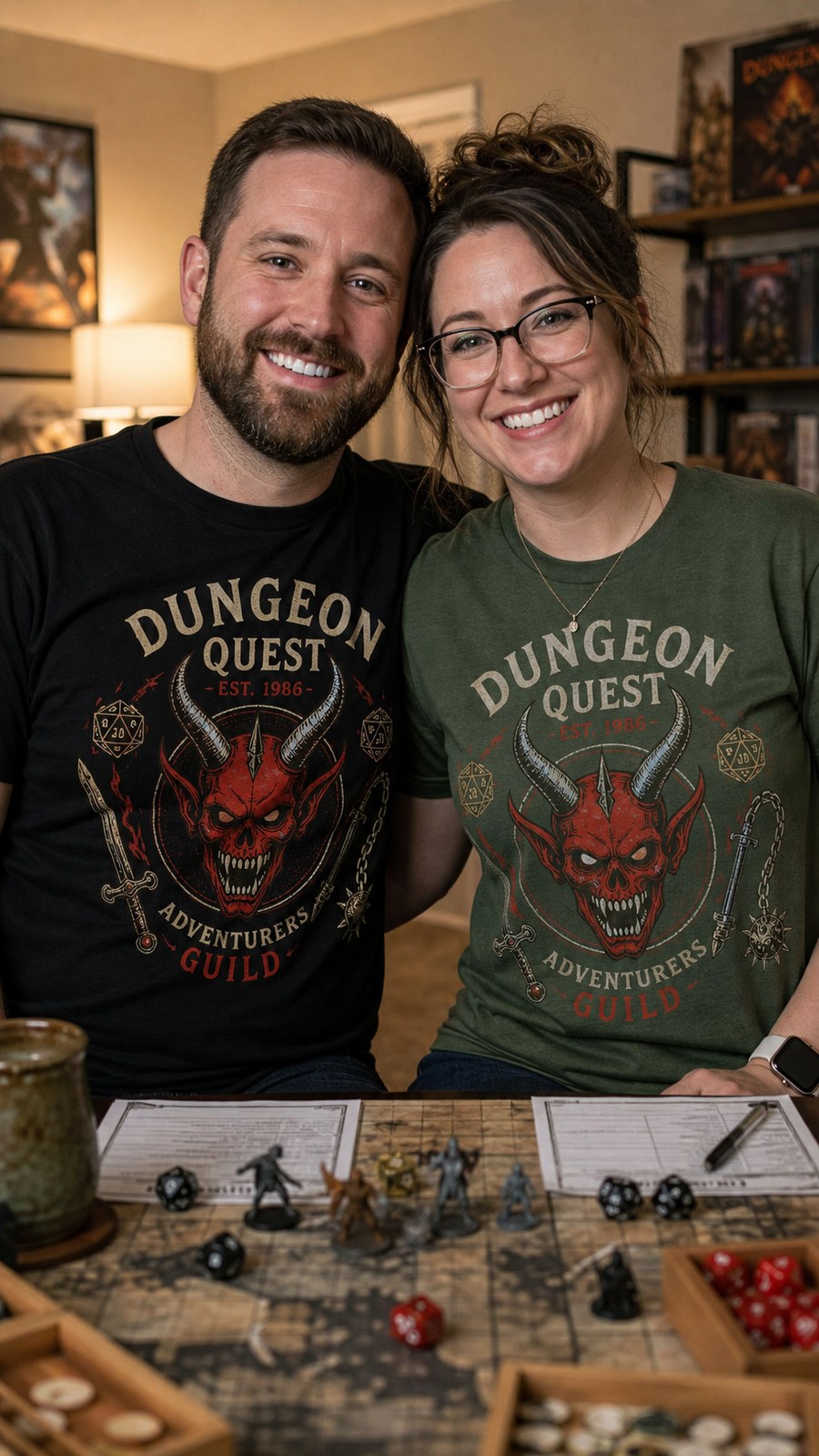 Two customers wearing matching Dungeon Quest graphic tees