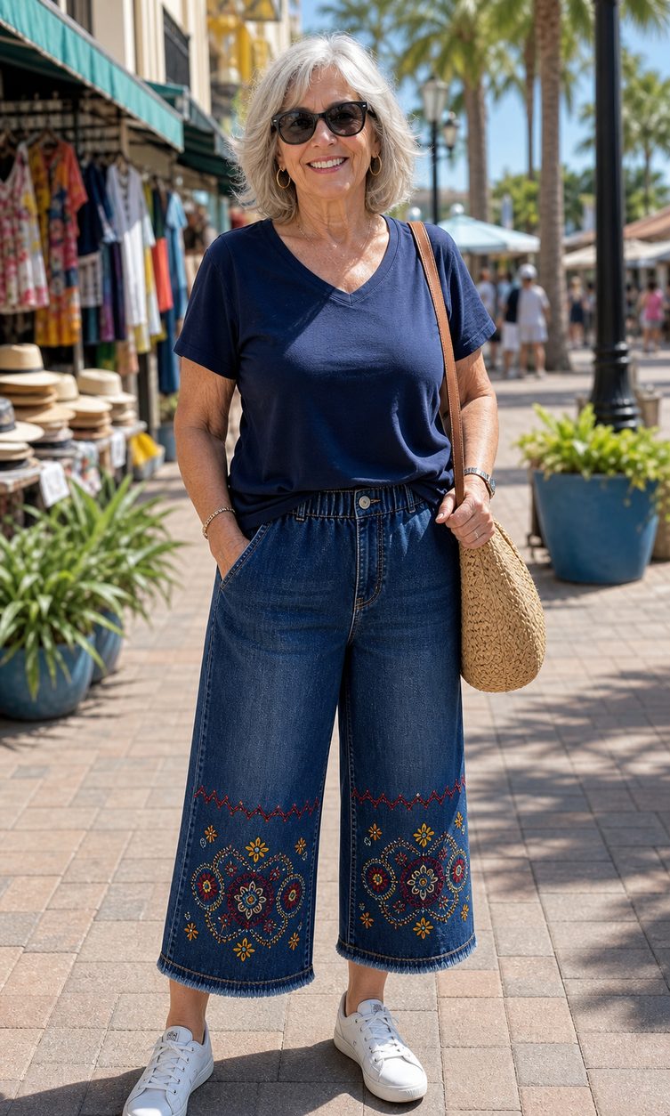 Customer outfit with embroidered denim capri pants