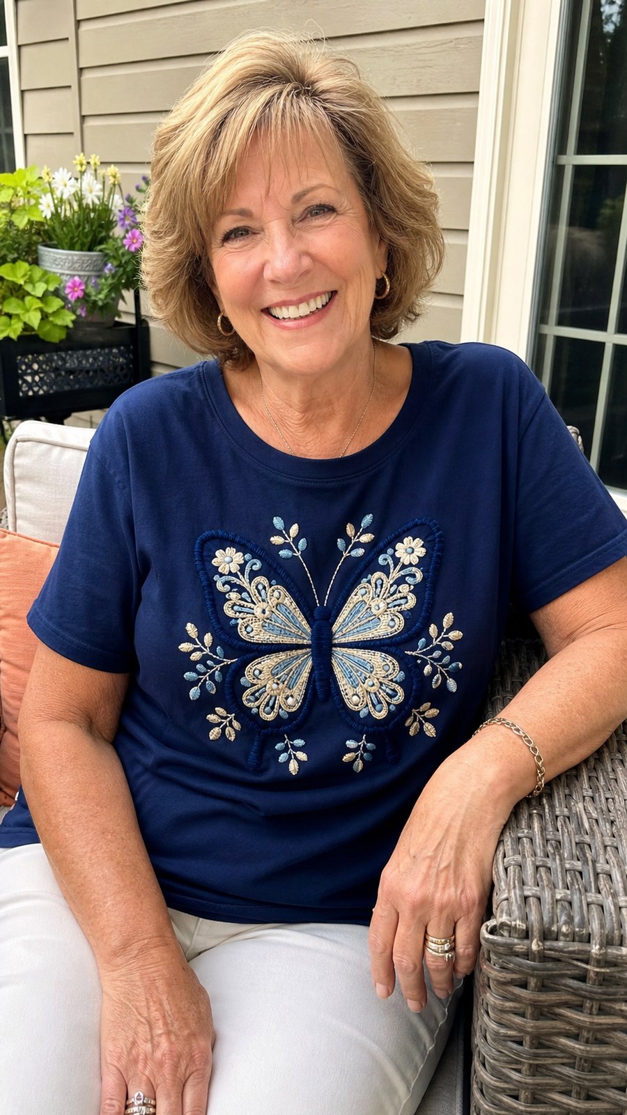 Customer wearing navy crochet butterfly graphic tee