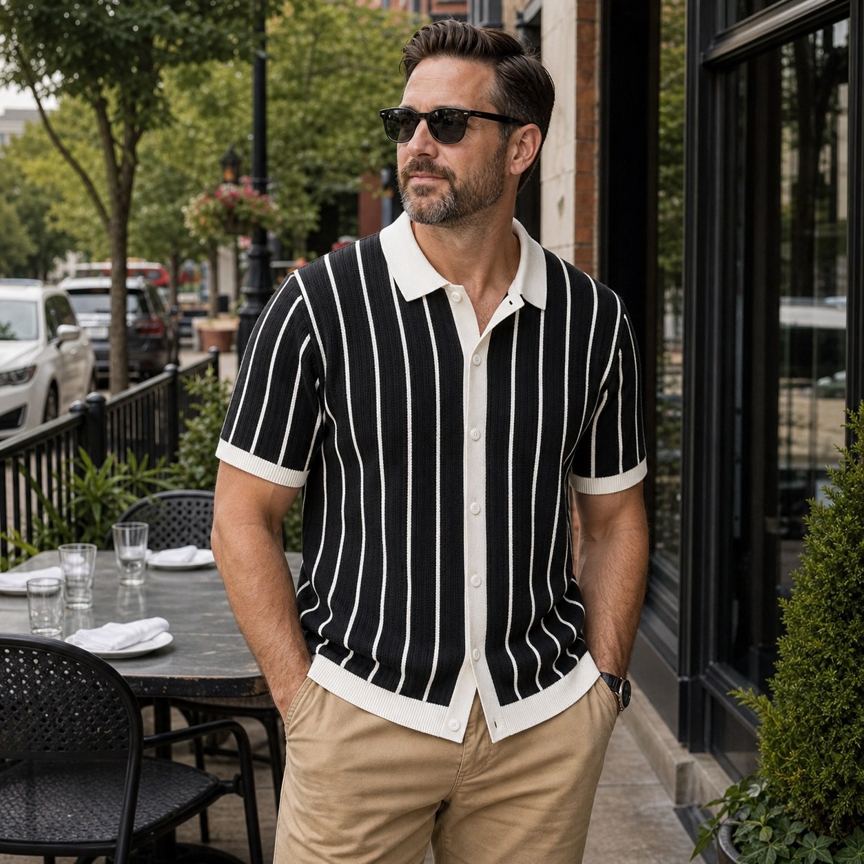 Customer wearing black white striped knit polo cardigan