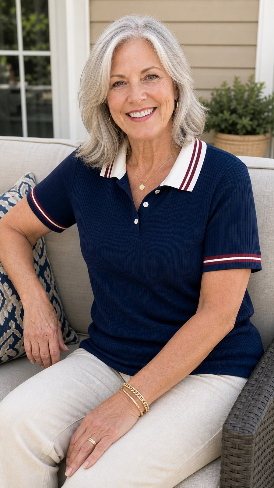 Customer wearing navy ribbed contrast collar polo tee