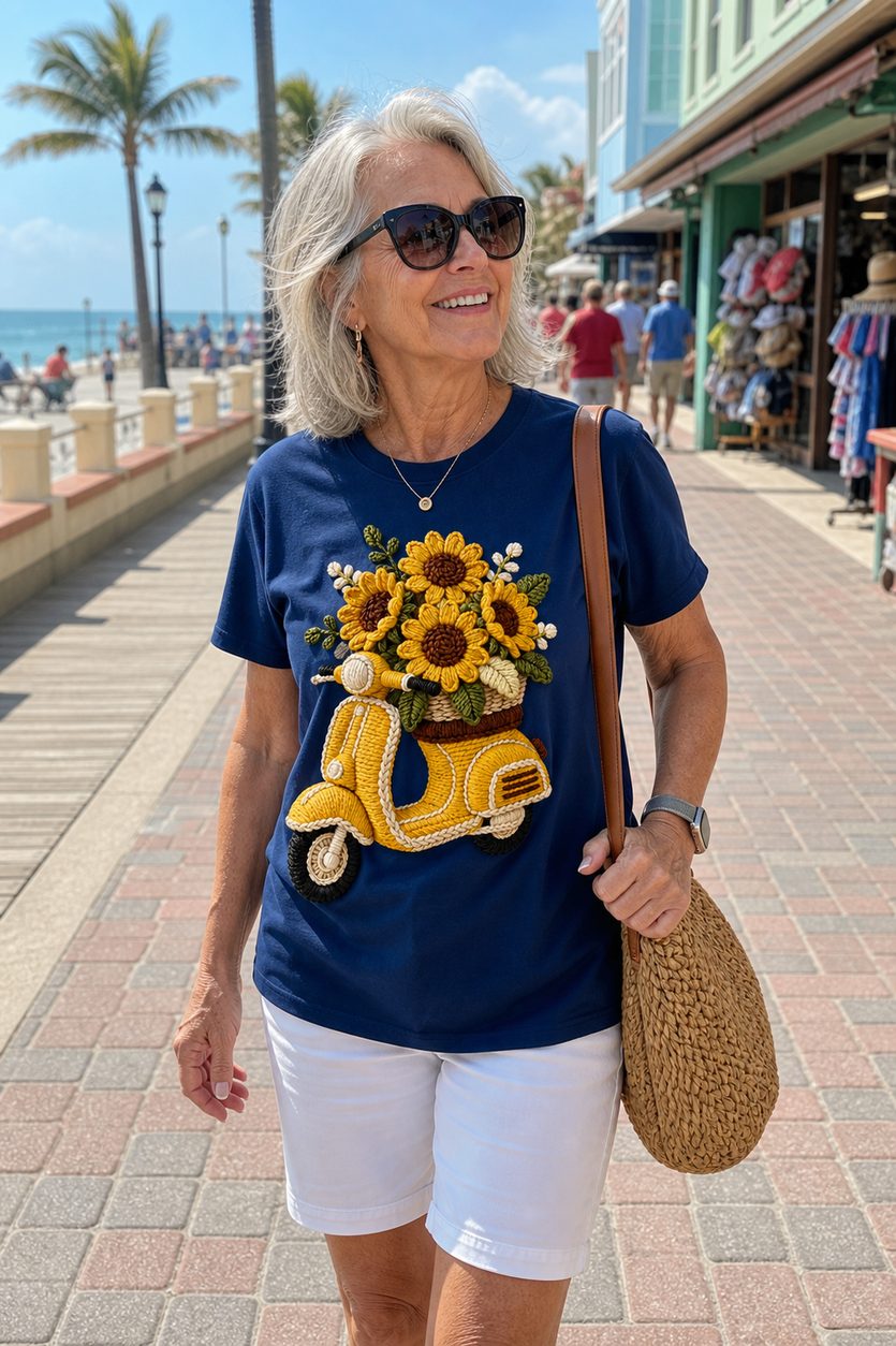 Customer wearing navy blue tee
