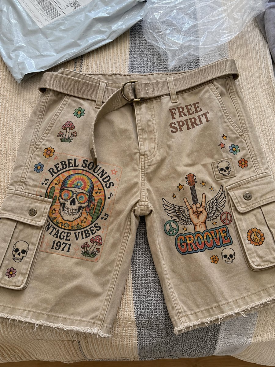Customer wearing men's vintage graphic cargo shorts