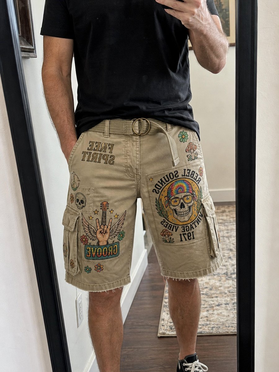 Customers styling men's vintage graphic cargo shorts