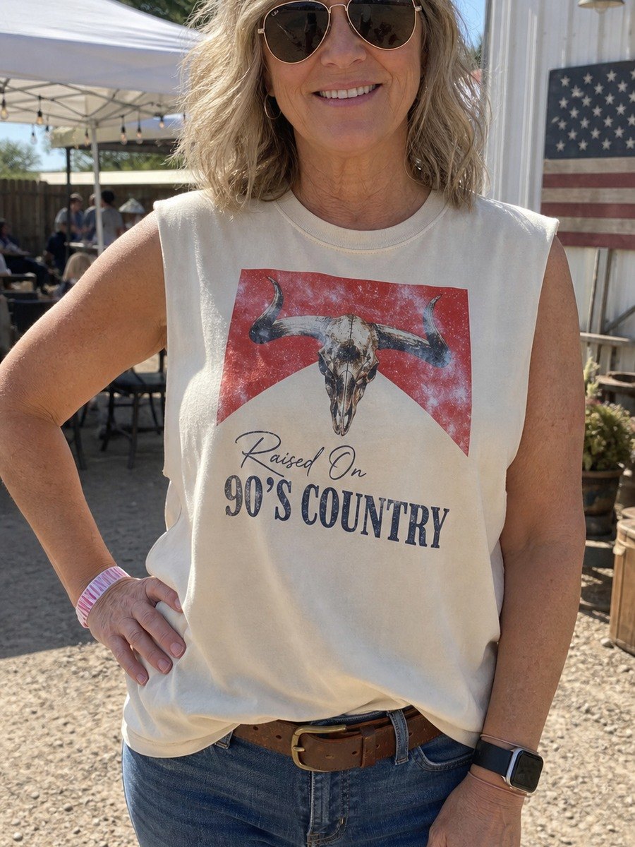 Customer wearing 90s country sleeveless tee