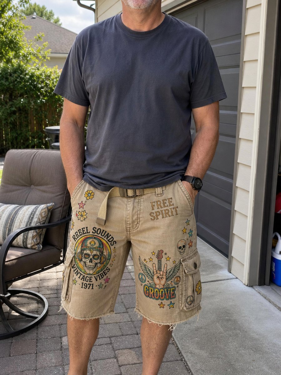 Detail customer photo of men's vintage graphic cargo shorts