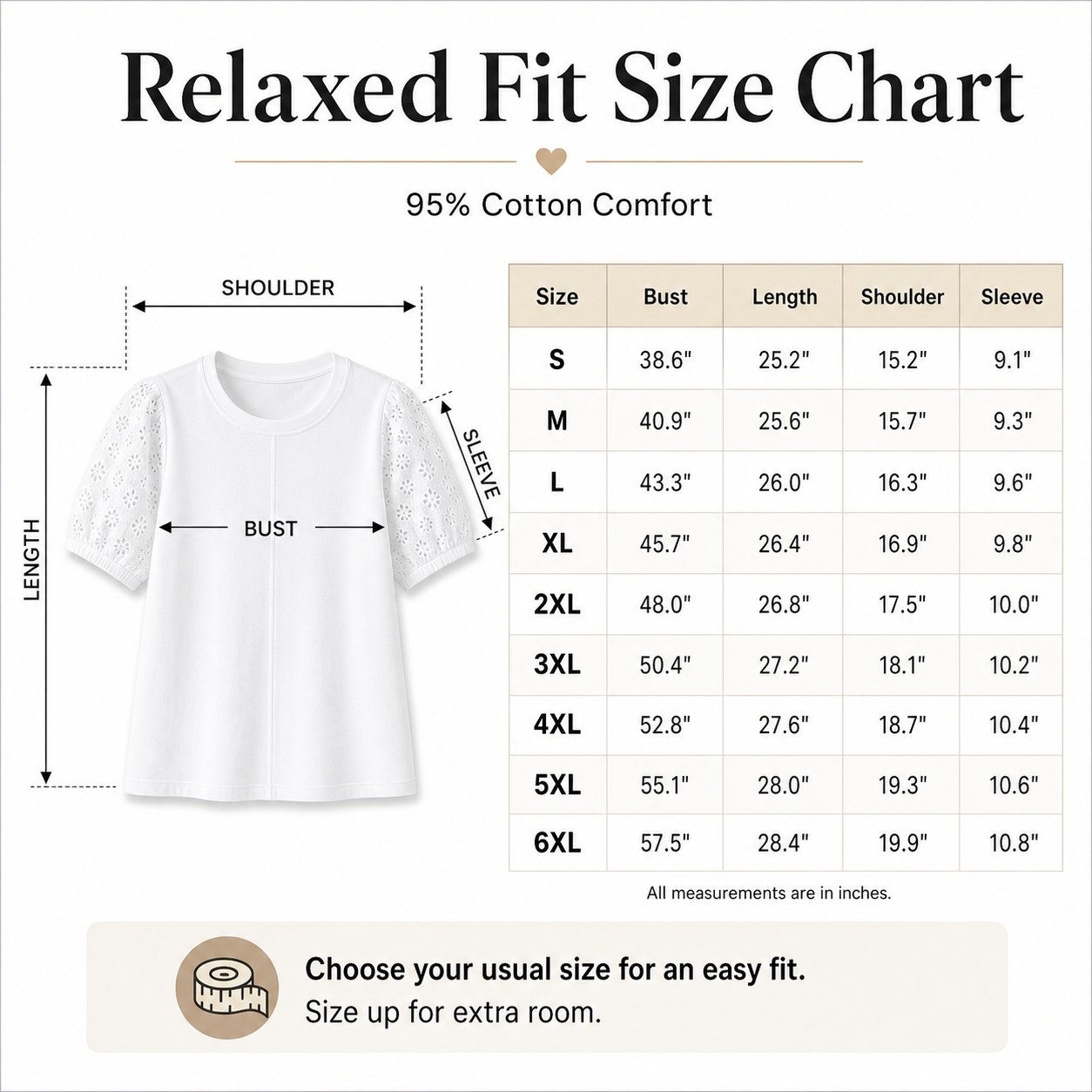 Relaxed fit size chart for women's cotton eyelet sleeve tee S to 6XL