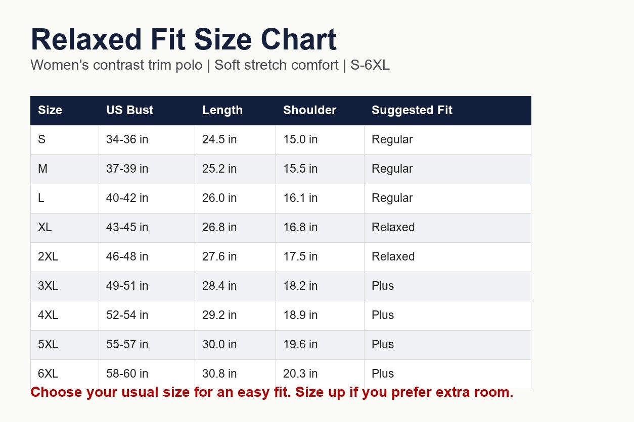Relaxed fit size chart for women's contrast trim heart polo S to 6XL