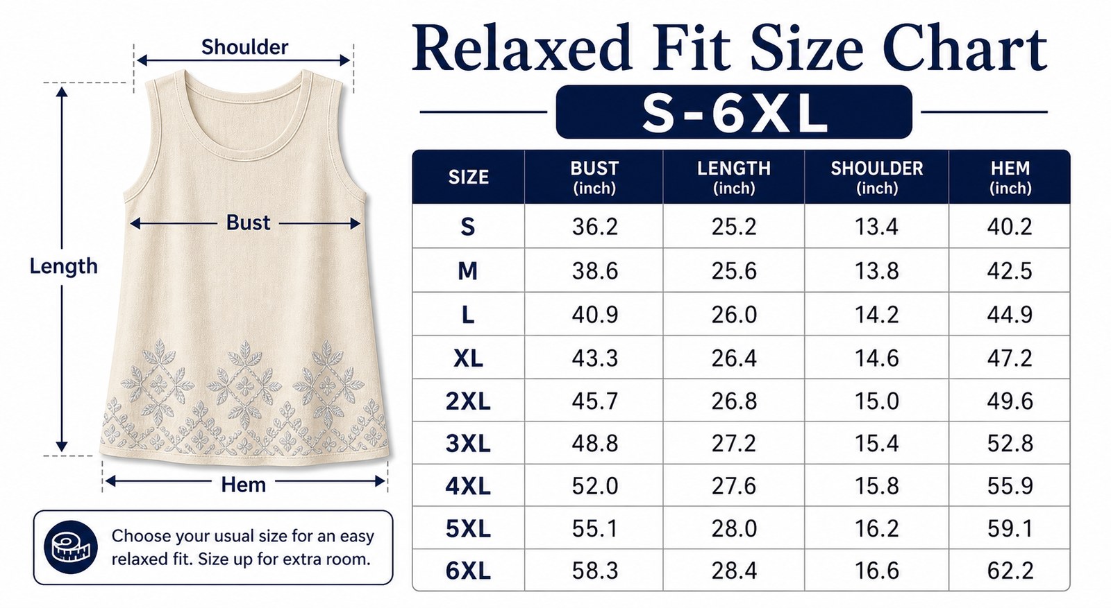 Relaxed fit size chart for embroidered border sleeveless tank top S to 6XL