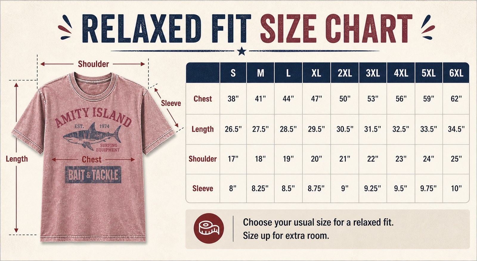 Relaxed fit size chart for vintage shark bait and tackle graphic tee S to 6XL