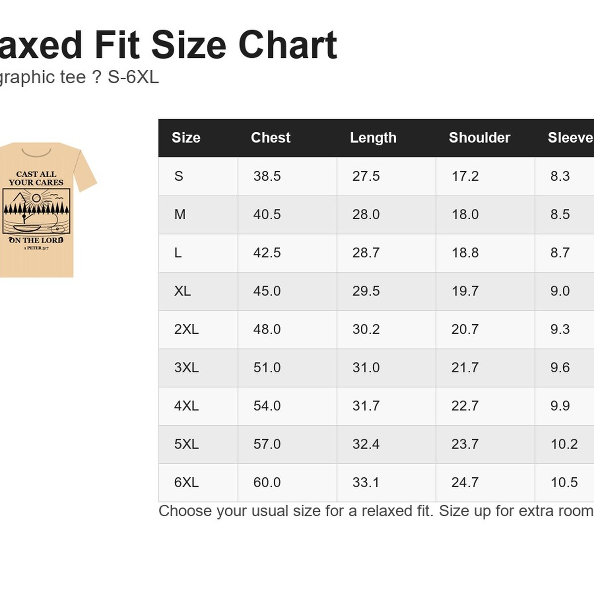Relaxed fit size chart for men's graphic tee S to 6XL