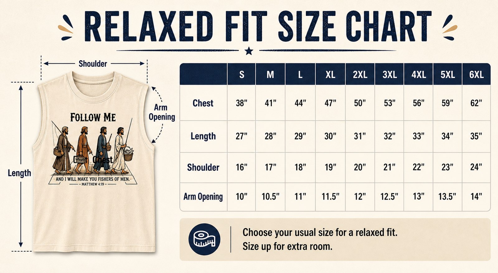Relaxed fit size chart for Follow Me Fishers of Men sleeveless tee S to 6XL