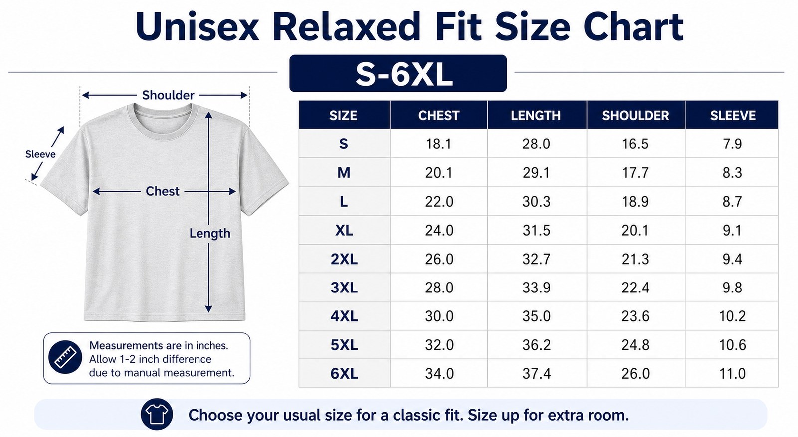 Unisex relaxed fit size chart for Dungeon Quest graphic tee S to 6XL