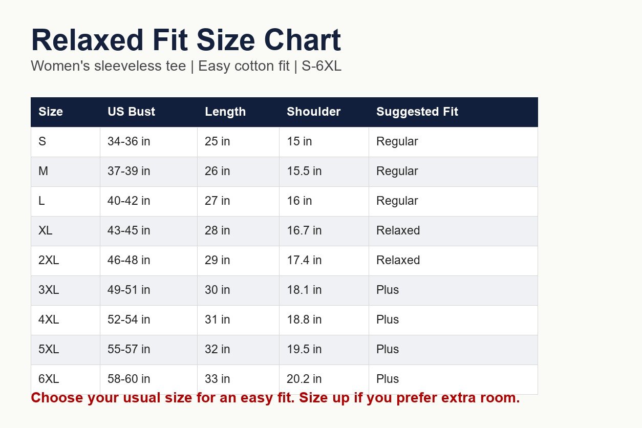 Relaxed fit size chart S to 6XL