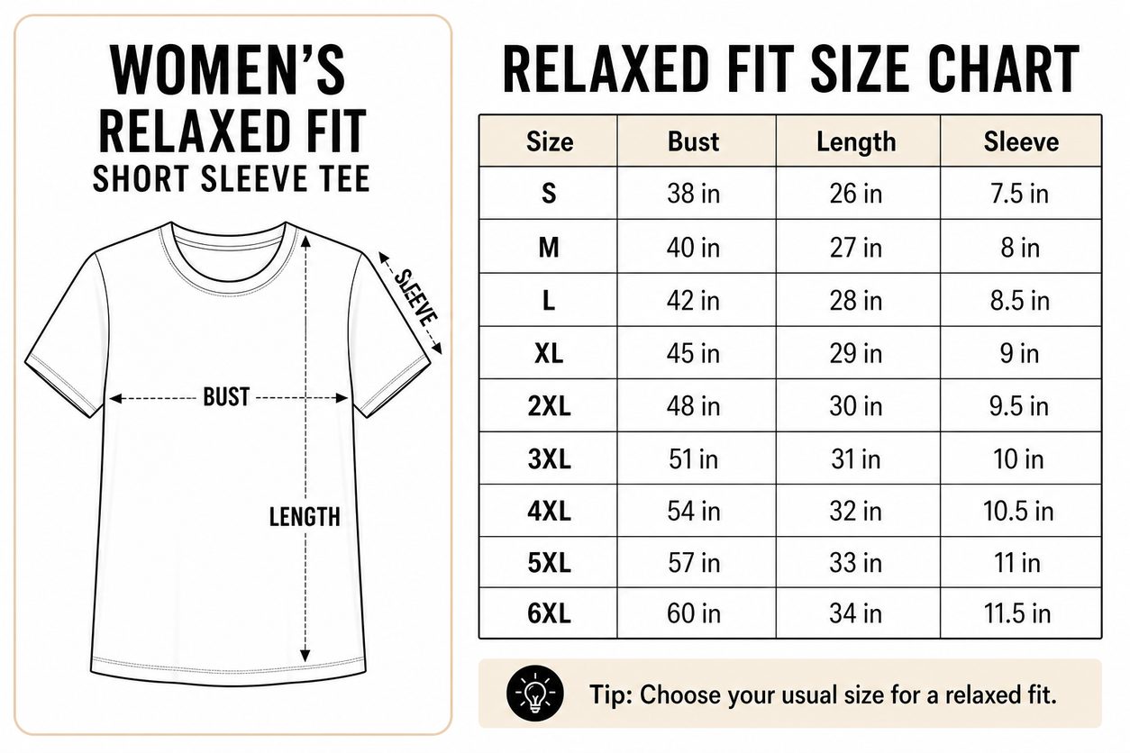 Relaxed fit size chart S-6XL