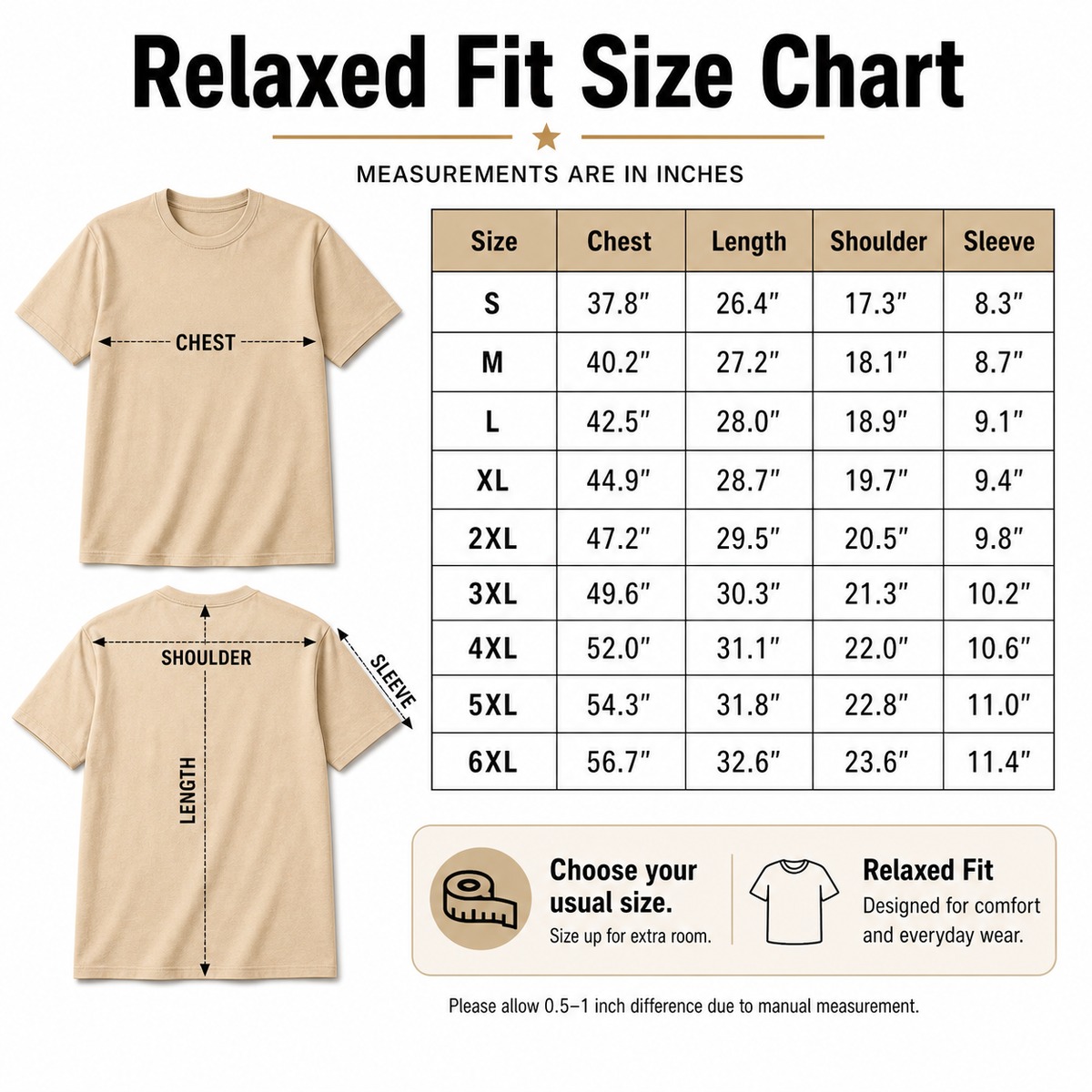 Relaxed fit size chart for men's graphic tee S to 6XL