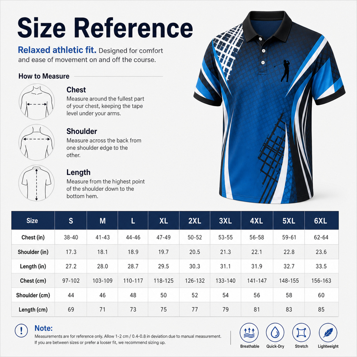 S to 6XL golf polo size reference