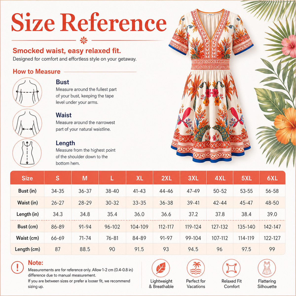 S to 6XL tropical floral resort dress size reference