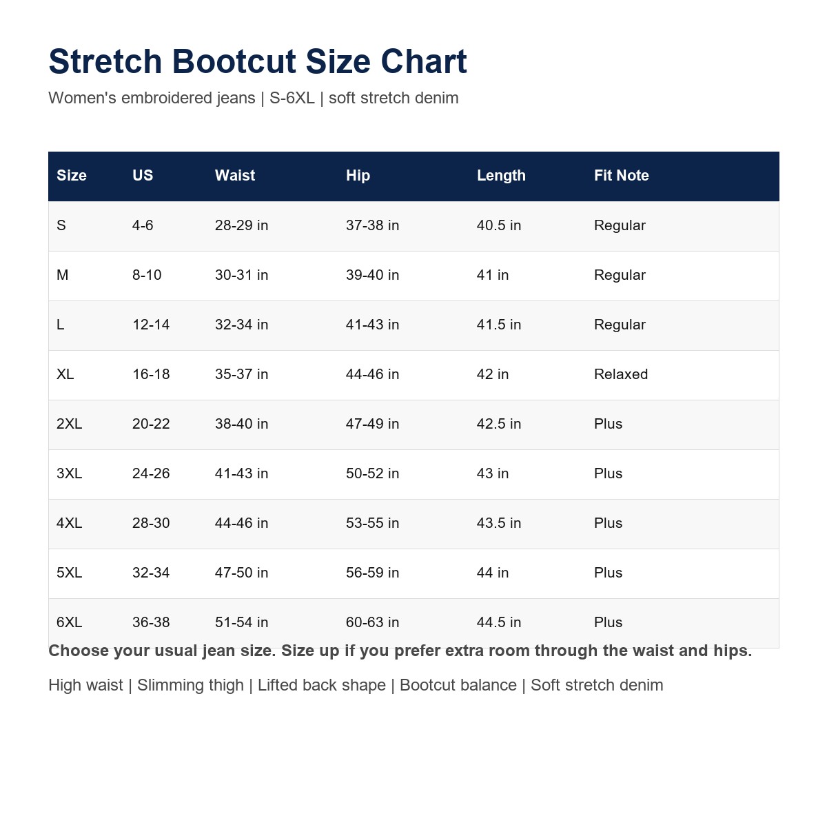 S-6XL stretch bootcut jeans size chart