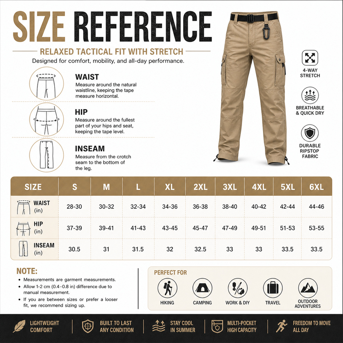 S to 6XL tactical utility pants size reference