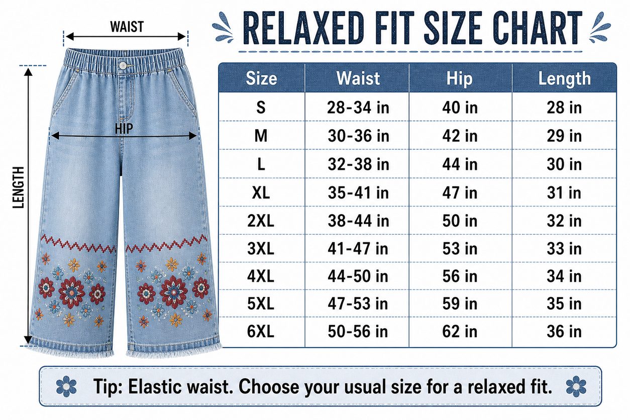 Relaxed fit size chart for embroidered denim capri pants S to 6XL